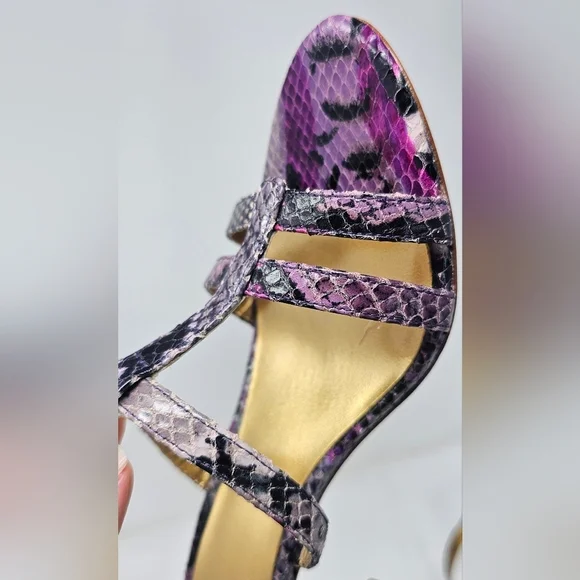 Coach Hayden Leather Violet Pink Blk Python Print Open Toe T-Strap Heels Size 7B - Picture 8 of 16
